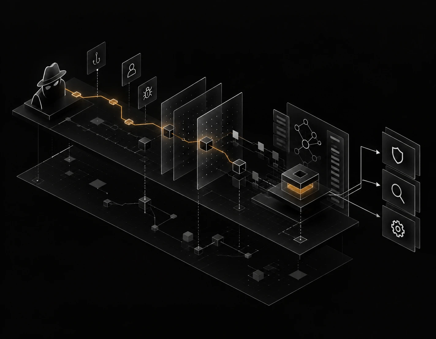 An attacker's path runs from a phishing lure through a stolen account and an exploit, crosses layered defensive panels, and feeds an engineered core that drives protection, detection, and response.