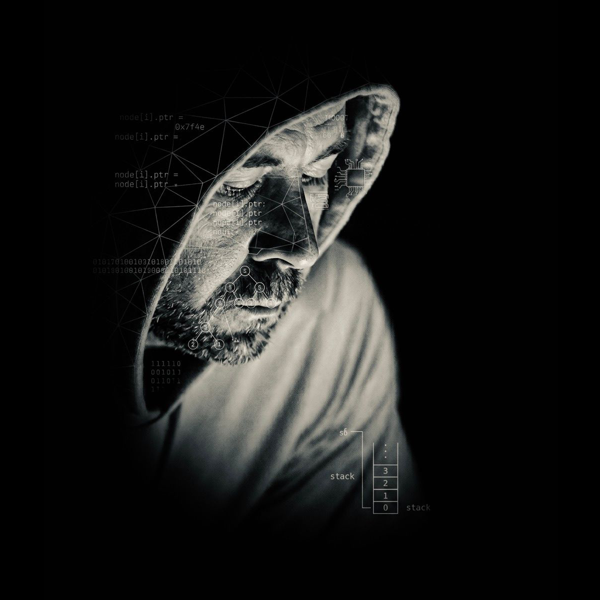 Vincent Passaro, monochrome hooded portrait